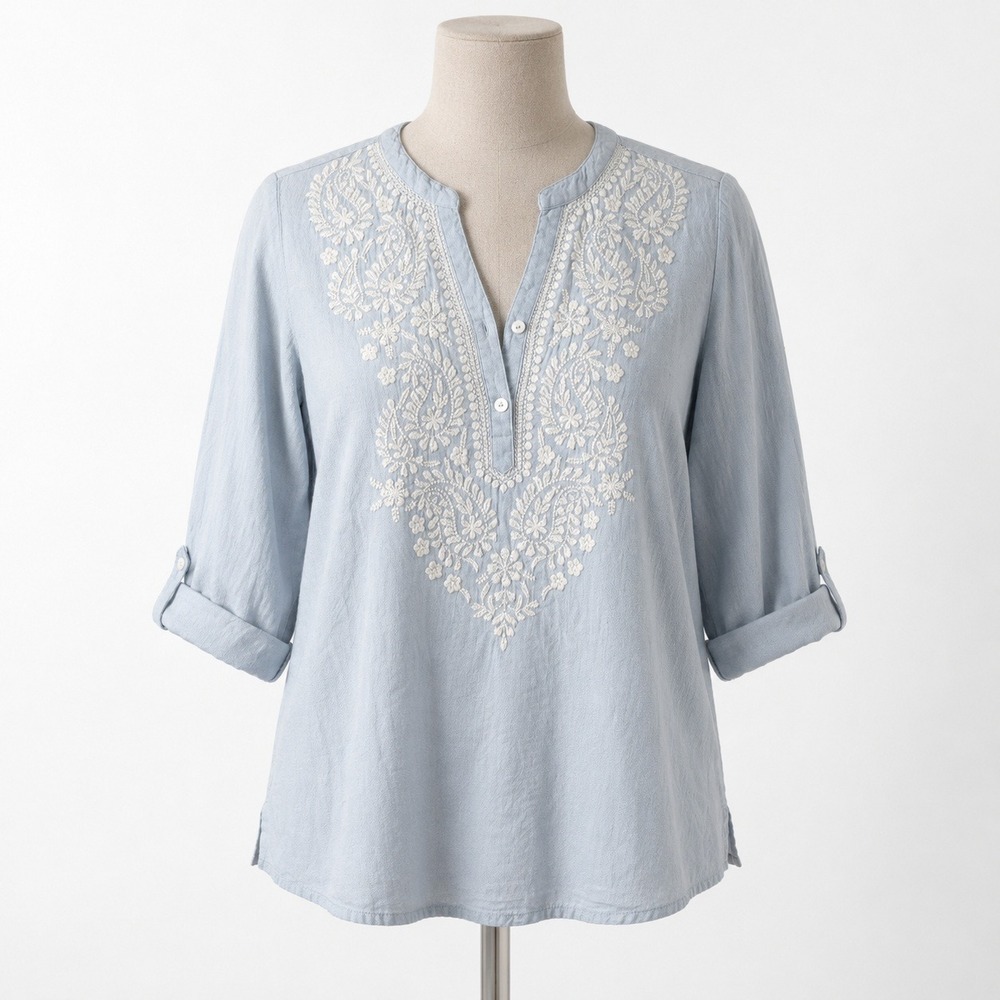 Linen Floral Embroidered V Neck Tunic Top Size XS Blue Boho Coastal Resort Beach